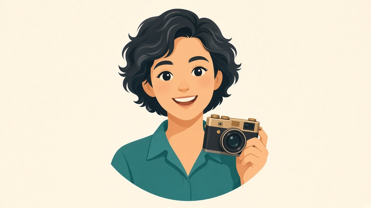 Illustrated portrait of Leslie holding a vintage camera